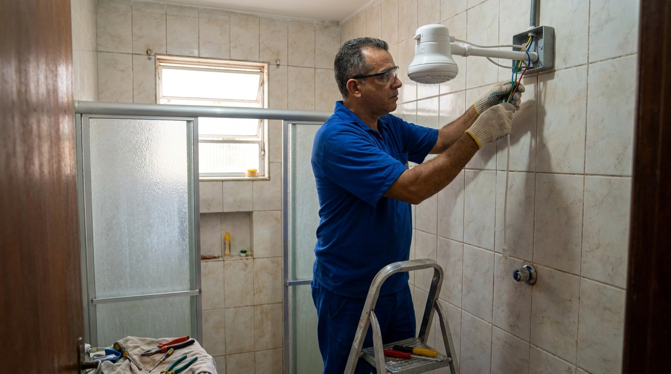 Eletricista instalando chuveiro eletrico em Jaboatão dos Guararapes‑PE