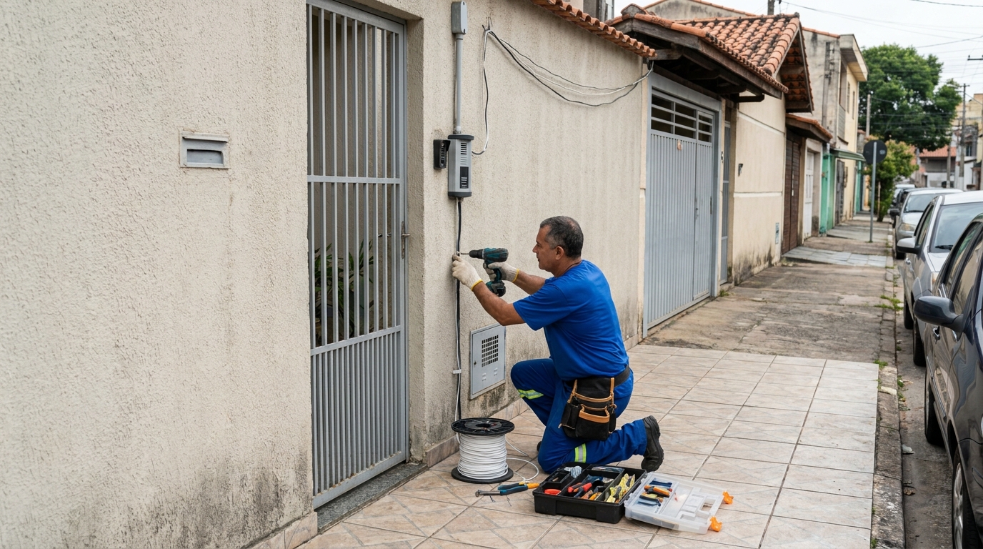 Eletricista instalando interfone em Jaboatão dos Guararapes‑PE