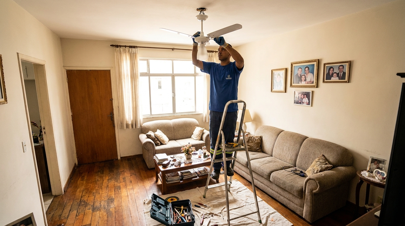 Eletricista instalando ventilador de teto em Jaboatão dos Guararapes‑PE